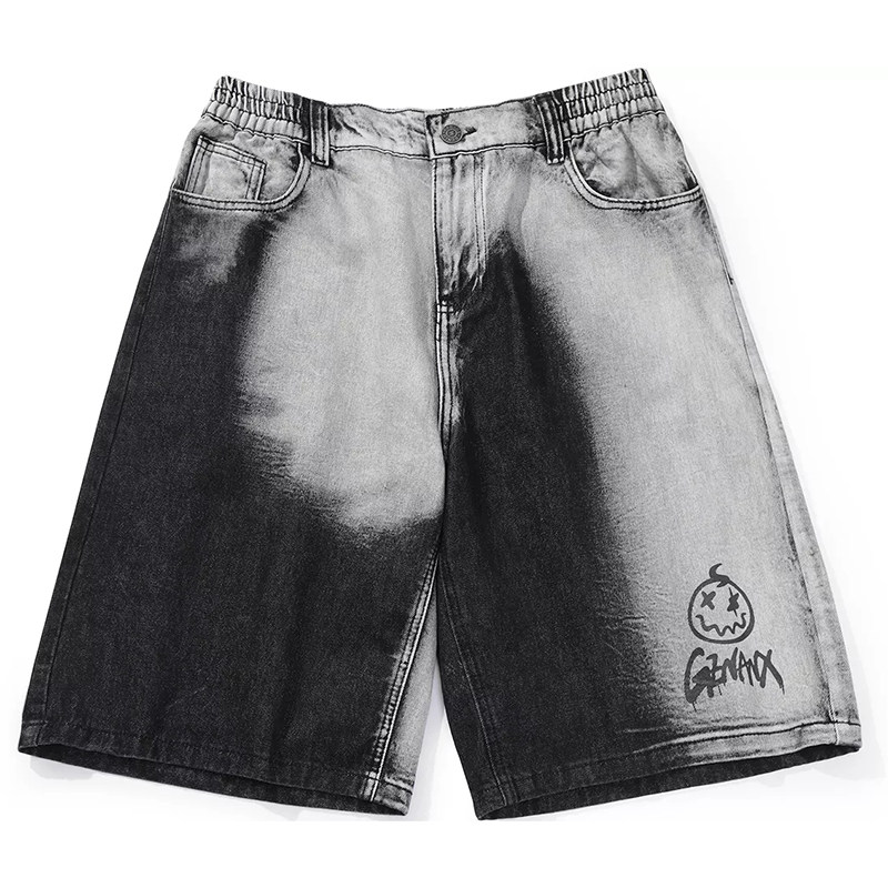 GENANX闪电潮牌休闲裤黑灰渐变印花夏季宽松直筒五分牛仔短裤男潮