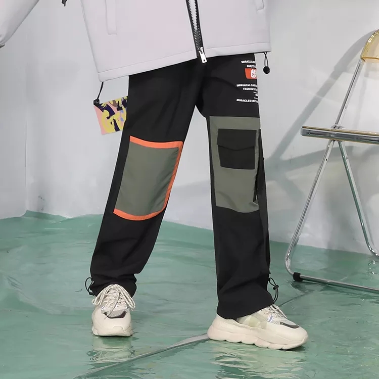 GENANX闪电潮牌撞色拼接工装卫裤秋季多口袋织带宽松束脚运动裤男