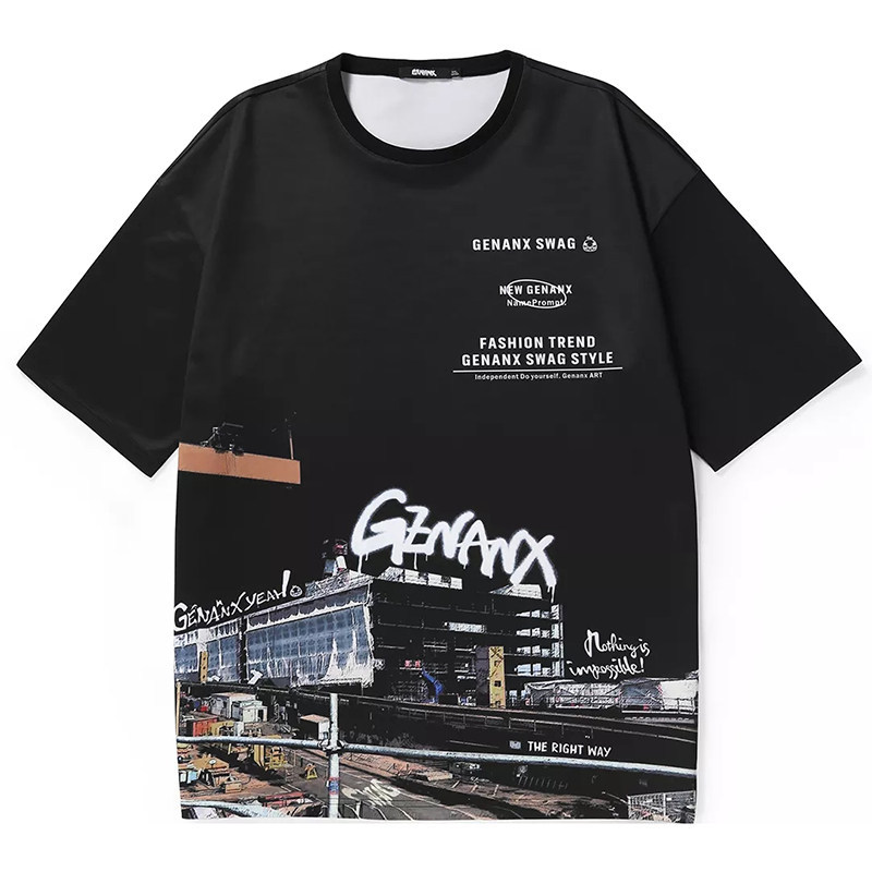 正品授权genanx城市插画英文印花圆领短袖t恤男女同款太空棉爽滑