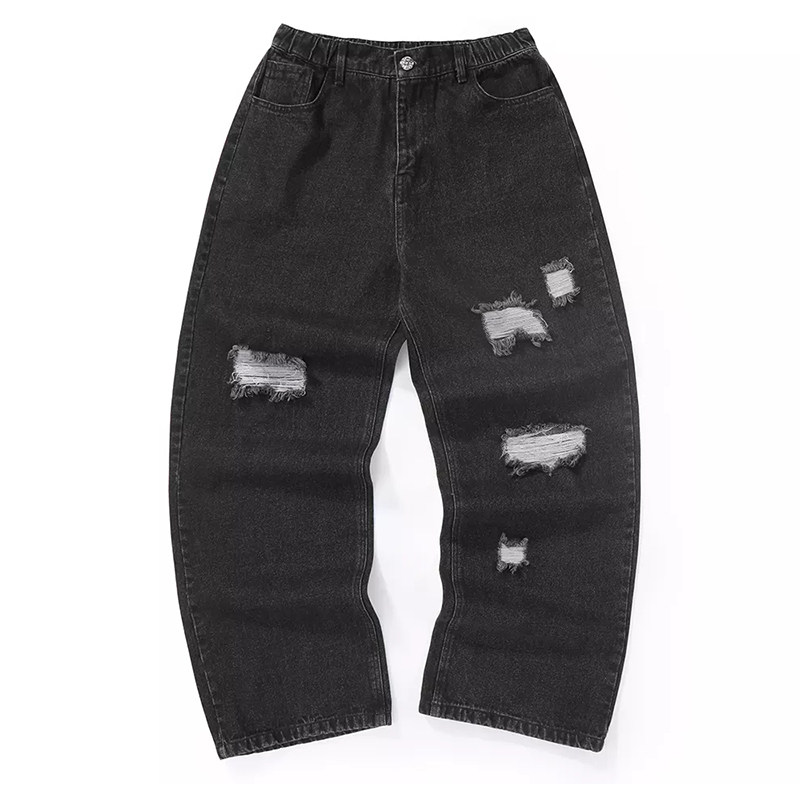 【2025春款】GENANX黑色牛仔裤宽松直筒时尚破洞简约牛仔长裤男生