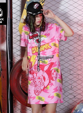 GENANX闪电潮牌粉红色短袖连衣裙卡通印花潮流夏季新款长款t恤女