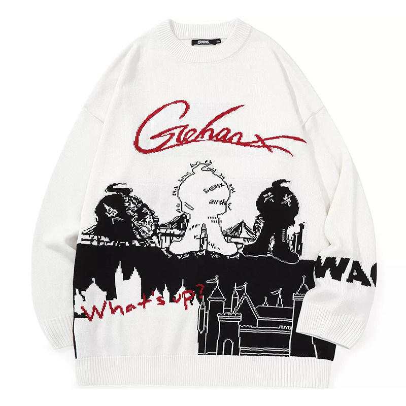 正品闪电潮牌genanx卡通字母提花落肩袖套头圆领毛衣男女同款白色