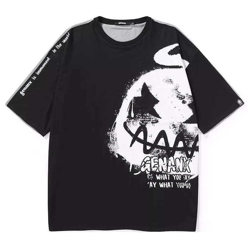 正品授权GENANX卡通英文印花拼接圆领短袖T恤情侣款国潮个性潮男