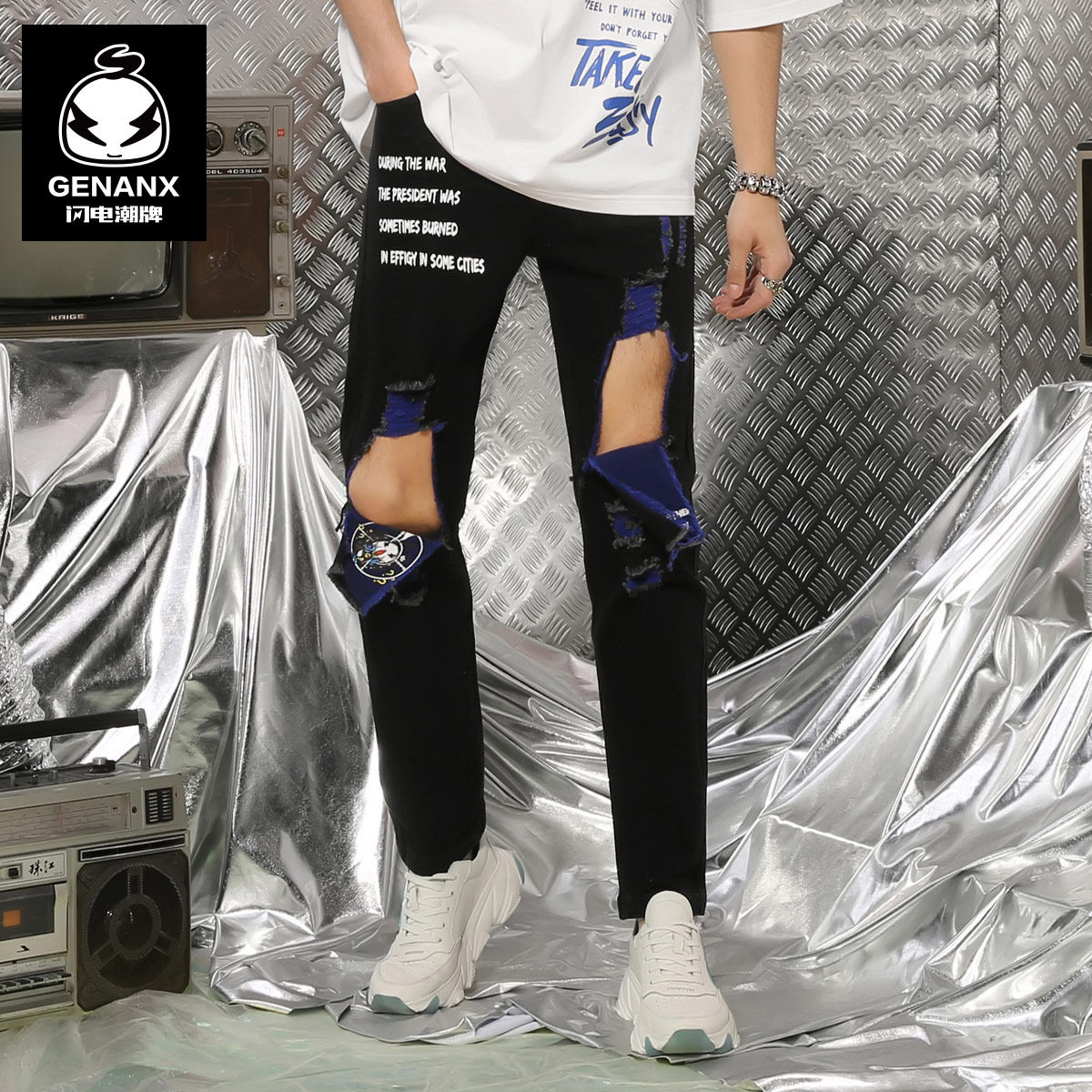 GENANX闪电潮牌直筒牛仔裤男士春季新款街头撞色破洞印花黑色长裤