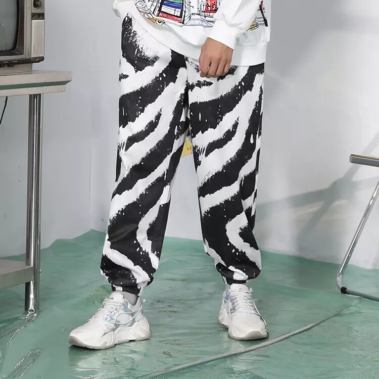 GENANX闪电潮牌斑马纹印花裤子男宽松束脚休闲裤男抽绳夏季薄款