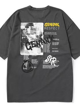 GENANX闪电潮牌短袖上衣男立体裁解构风嘻哈街头印花深灰色t恤男