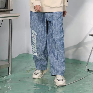 GENANX闪电潮牌复古牛仔裤男纹理字母印花高腰直筒宽松阔腿九分裤