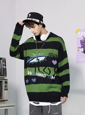 GENANX闪电潮牌套头圆领毛衣黑绿色百搭条纹提花新款男士针织衫