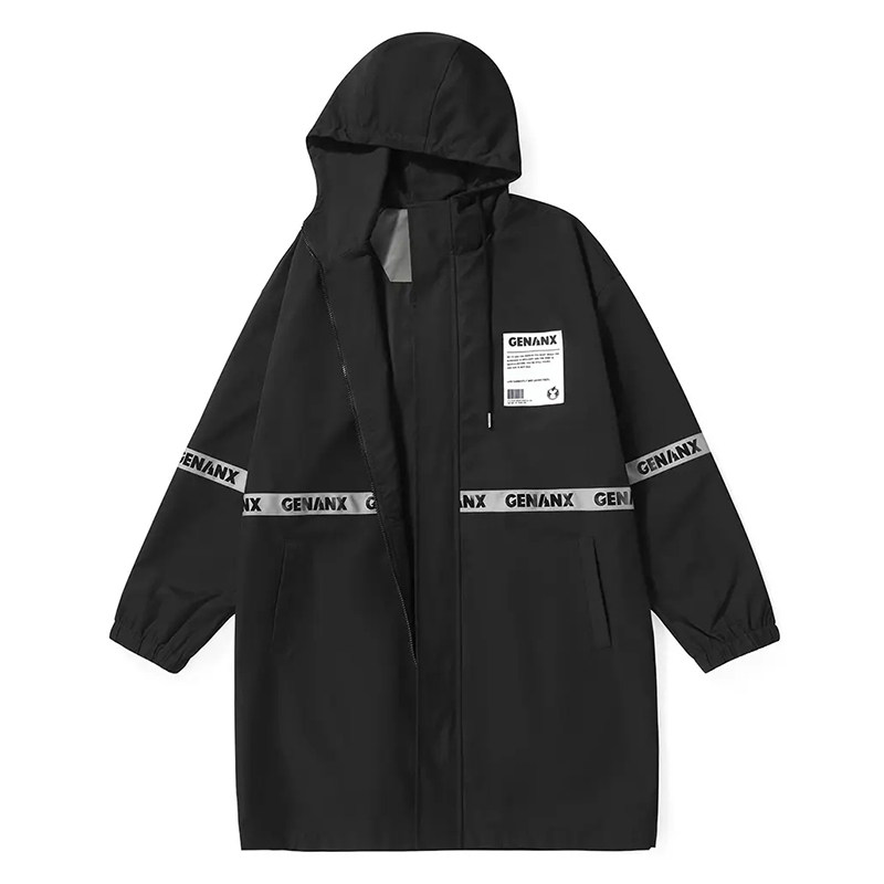 genanx闪电潮牌连帽风衣外套cityboy串标装饰中长款防风冲锋衣
