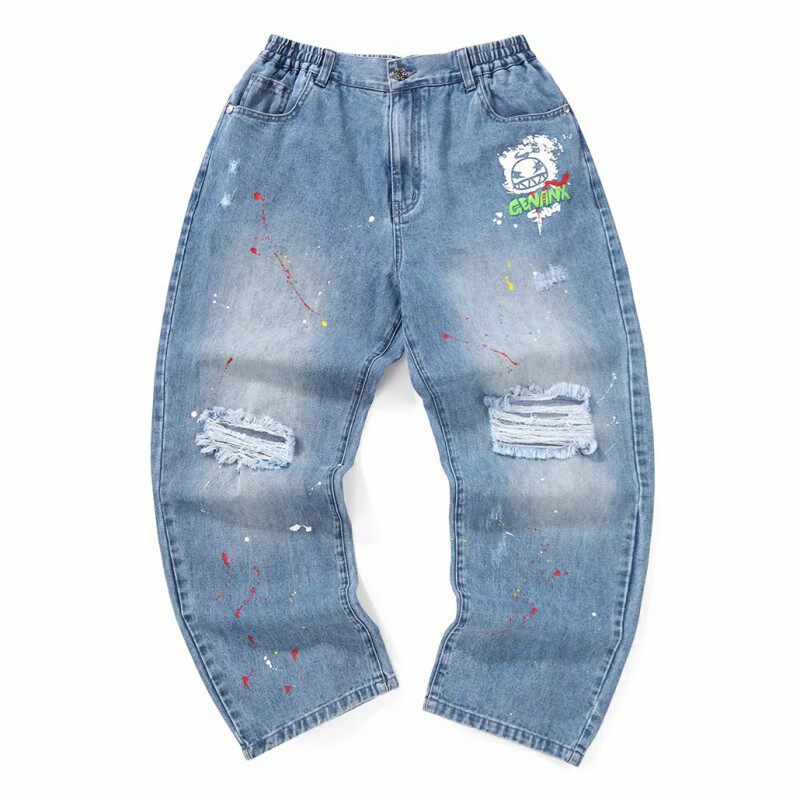 GENANX潮牌休闲长裤男春款痞帅破洞猫须油漆印花街头工装风牛仔裤