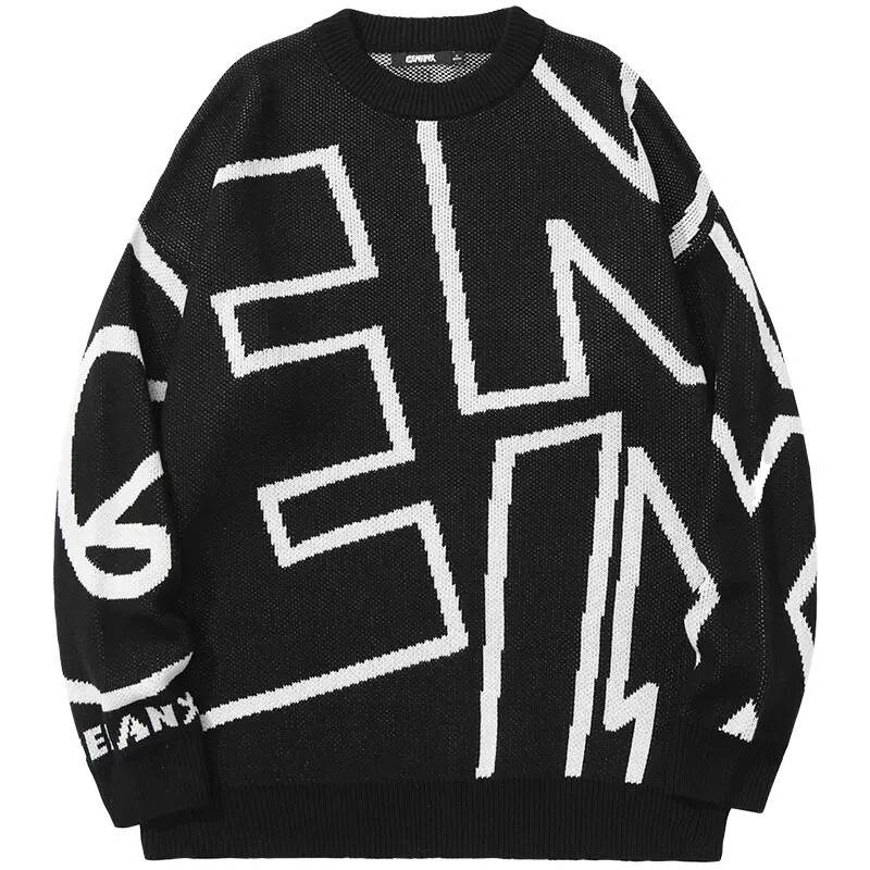 genanx闪电潮牌毛衣男冬季圆领宽松字母提花情侣款针织打底衫毛衣