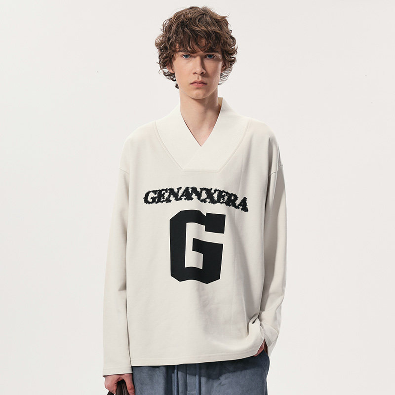 GENANX闪电潮牌V领长袖卫衣2026春季新款浅米色宽松复古情侣上衣