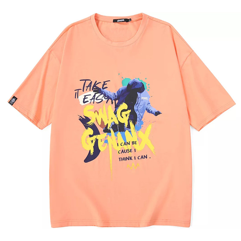 正品授权genanx滑板少年涂鸦字母印花短袖t恤橘粉色男女同款纯棉