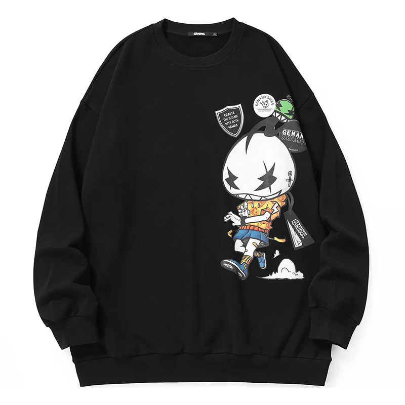 正品闪电潮牌genanx卡通字母印花落肩袖宽松圆领卫衣情侣款纯棉男