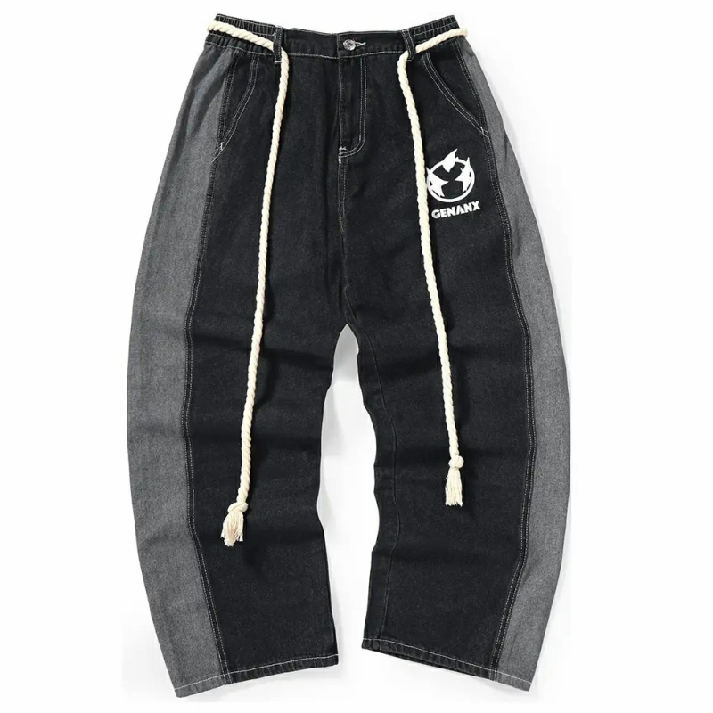 GENANX闪电潮牌新款裤子阔腿牛仔裤黑灰色水洗直筒宽松牛仔裤
