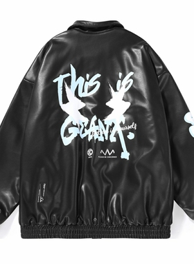 GENANX闪电潮牌PU革黑色棉衣冬季字母印花翻领潮流机车皮衣男外套