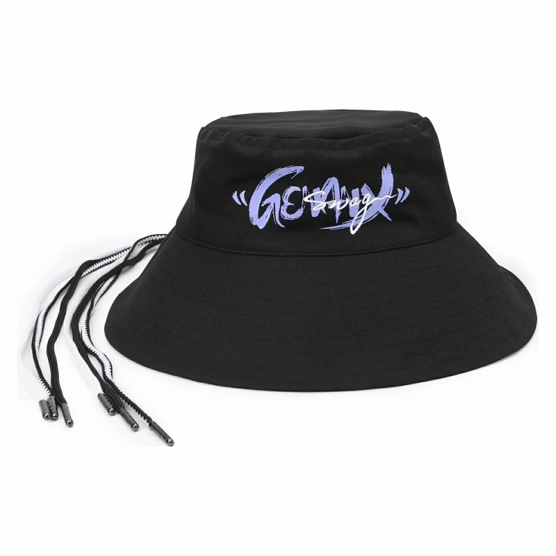 闪电潮牌genanx印花logo黑白长绳装饰大檐棉质渔夫帽男女同款黑色