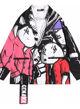 正品genanx拼色卡通男满印假两件