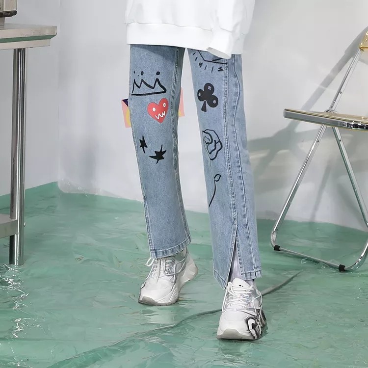 GENANX闪电潮牌高腰牛仔裤趣味涂鸦裤脚开叉高街直筒牛仔长裤女生