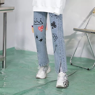 GENANX闪电潮牌高腰牛仔裤趣味涂鸦裤脚开叉高街直筒牛仔长裤女生
