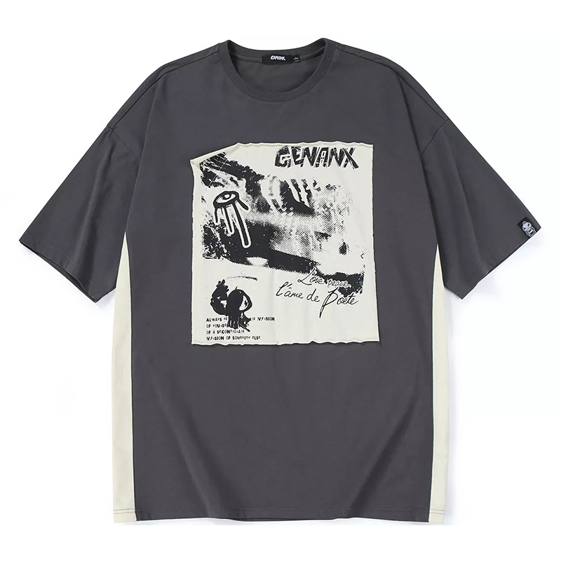 正品授权genanx拼色英文印花贴布纯棉短袖t恤男女同款国潮个性