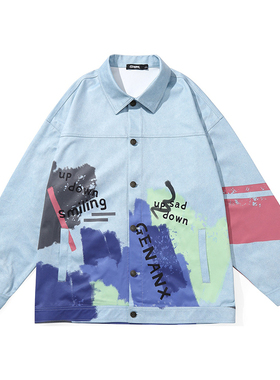 GENANX闪电潮牌灰蓝色夹克外套春季新款炫彩涂鸦印花情侣薄款外套