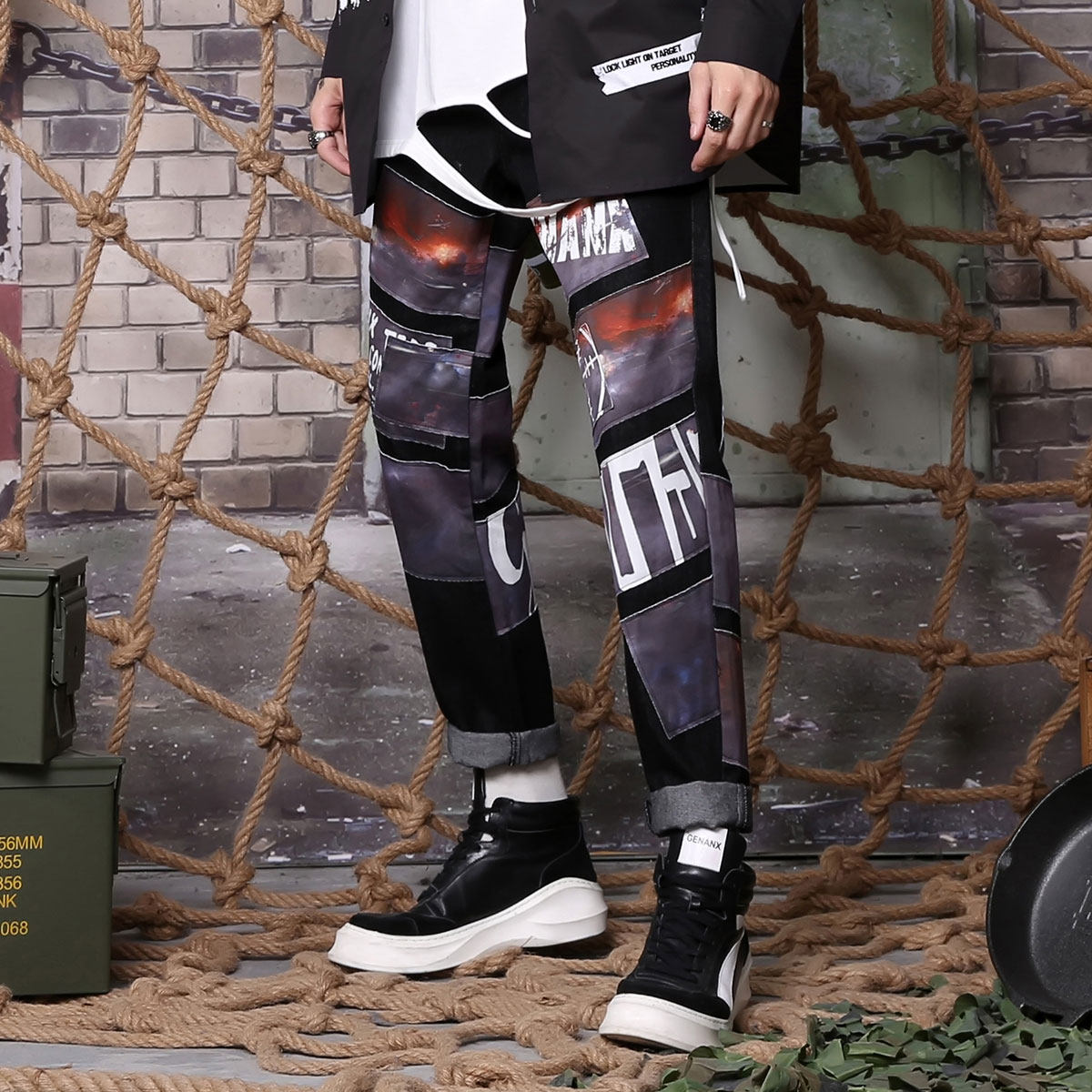 GENANX闪电潮牌黑色牛仔裤男直筒宽松春季新款印花拼接长裤子学生