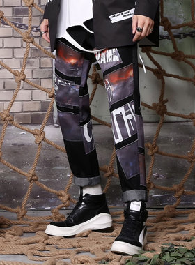 GENANX闪电潮牌黑色牛仔裤男直筒宽松春季新款印花拼接长裤子学生