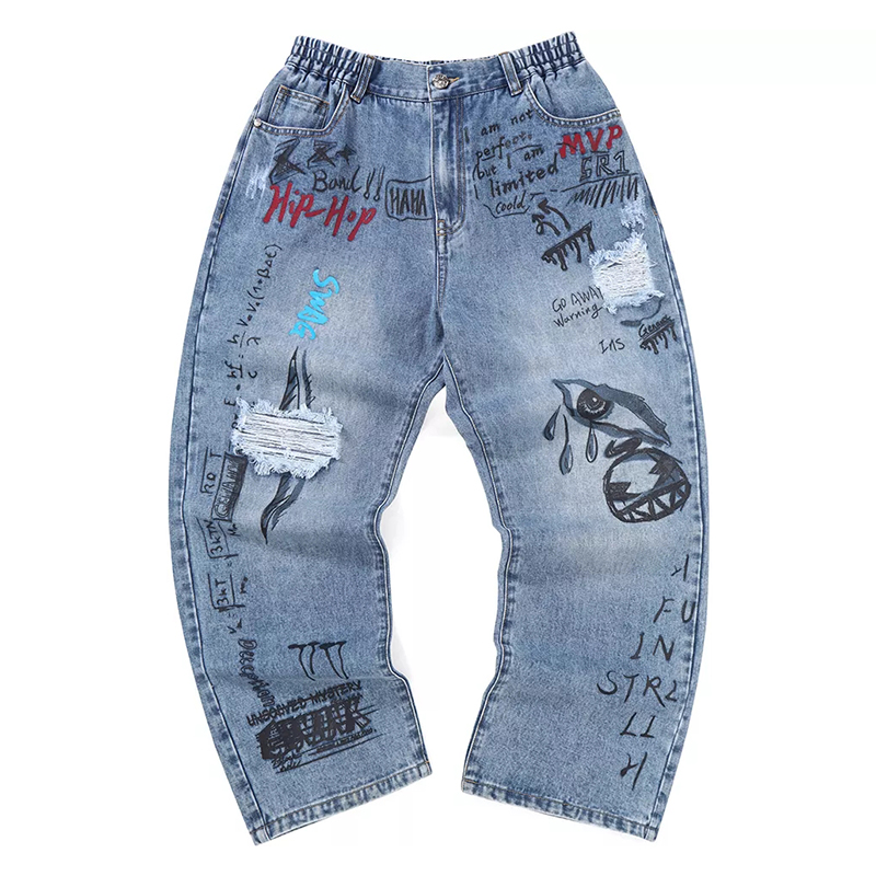 正品genanx卡通英文涂鸦印花线须破洞直筒牛仔裤嘻哈个性男女同款