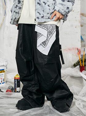 GENANX闪电潮牌黑色休闲裤子多口袋直筒垂感2024新款百搭长裤男