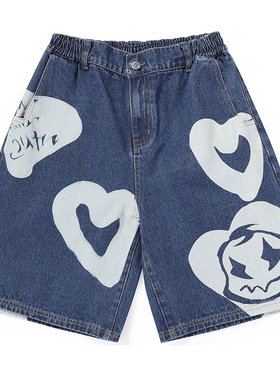 GENANX闪电潮牌牛仔短裤夏季新款爱心涂鸦印花宽松直筒蓝色五分裤