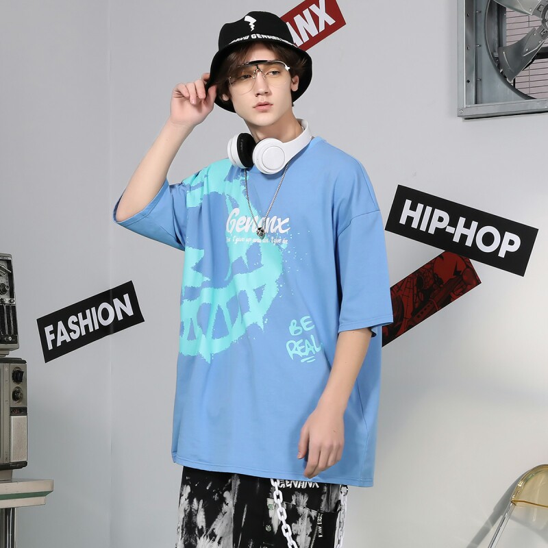 GENANX闪电潮牌夏季新款闪电君英文印花圆领落肩袖情侣纯棉T恤男