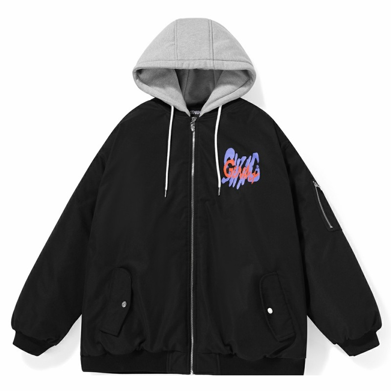 正品genanx拼色字母印花卡通贴布可脱卸帽棉服外套 男女同款 黑色