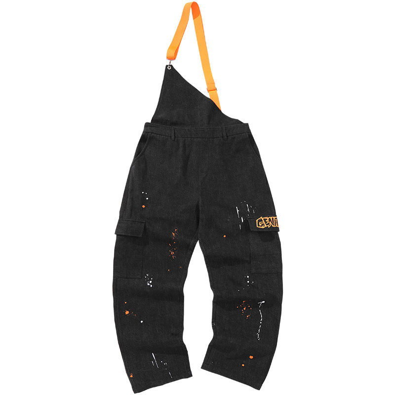GENANX闪电潮牌背带牛仔裤喷漆印花绣花街头嘻哈潮流休闲长裤子男
