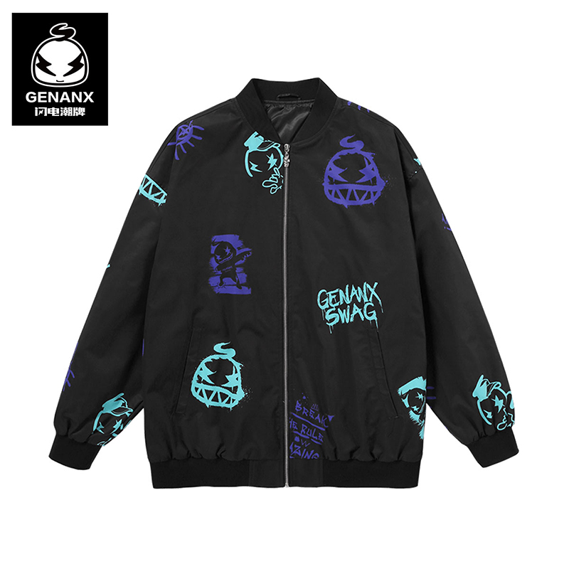 genanx闪电潮牌棒球服男生黑色趣味印花拉链印花动漫夹克外套男