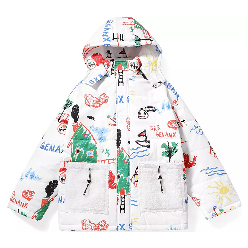 正品闪电潮牌genanx卡通涂鸦印花羊羔绒贴袋可拆卸帽棉衣男女同款