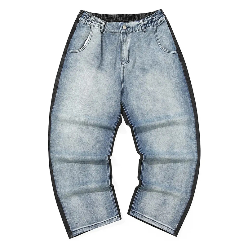 GENANX闪电潮牌情侣裤子牛仔裤松紧腰原创设计黑蓝撞色拼接牛仔裤