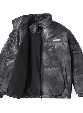 GENANX闪电潮牌仿pu皮棉服外套新款冬季涂鸦字母印花黑灰色棉衣男