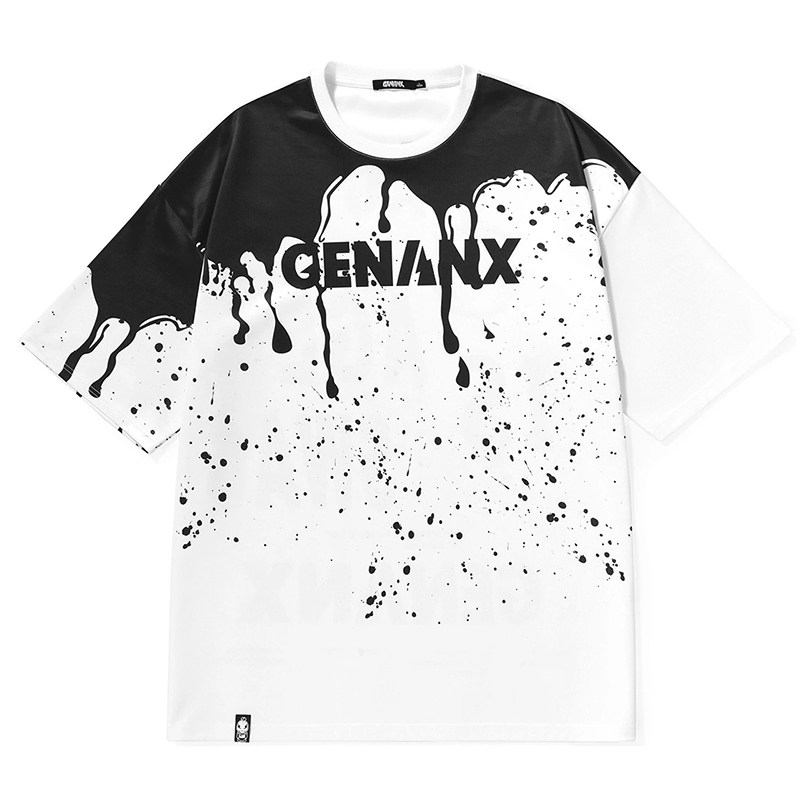 genanx闪电潮牌太空棉t恤黑白涂鸦字母泼墨印花宽松夏季短袖男生