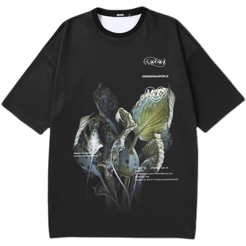 正品授权GENANX植物花卉英文满印圆领太空棉短袖T恤情侣款创意男