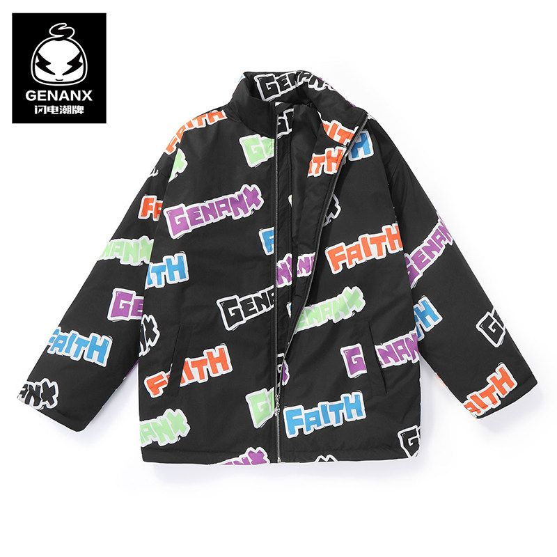 genanx闪电潮牌棉衣男生彩虹弹幕印花冬季新款保暖情侣款棉衣