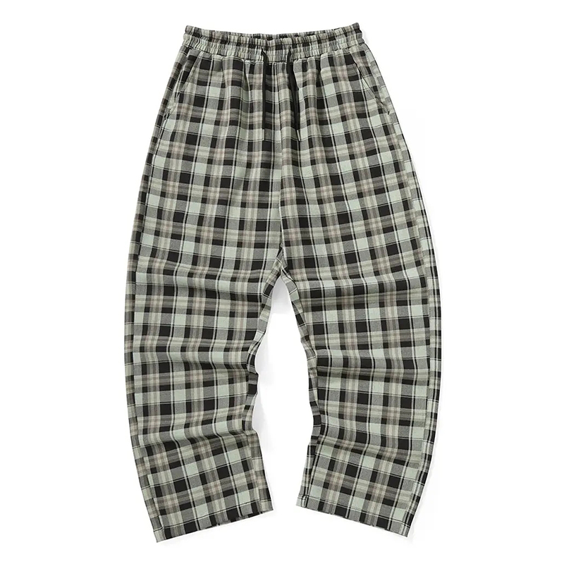 GENANX闪电潮牌直筒休闲裤松紧腰美式复古新款卡其色格纹裤子长裤