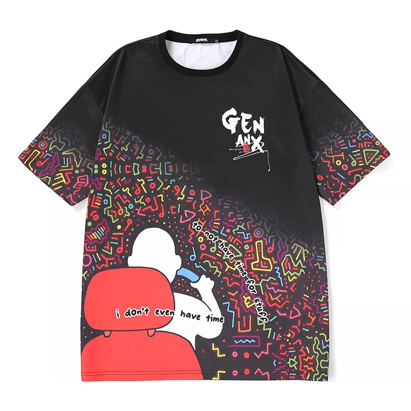 正品GENANX闪电潮牌彩虹骷髅联名款英文涂鸦满印短袖T恤情侣款男