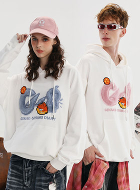 GENANX闪电潮牌2025秋季新款纯棉长袖上衣白色简约情侣连帽卫衣男