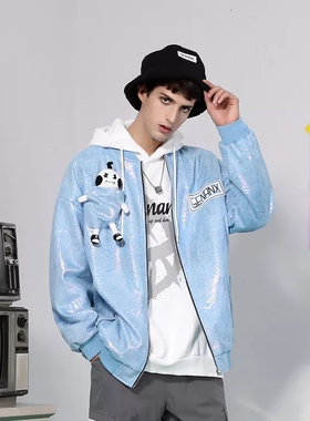正品GENANX闪电潮牌可拆闪电君玩偶烫金印花棒球夹克男女同款蓝色