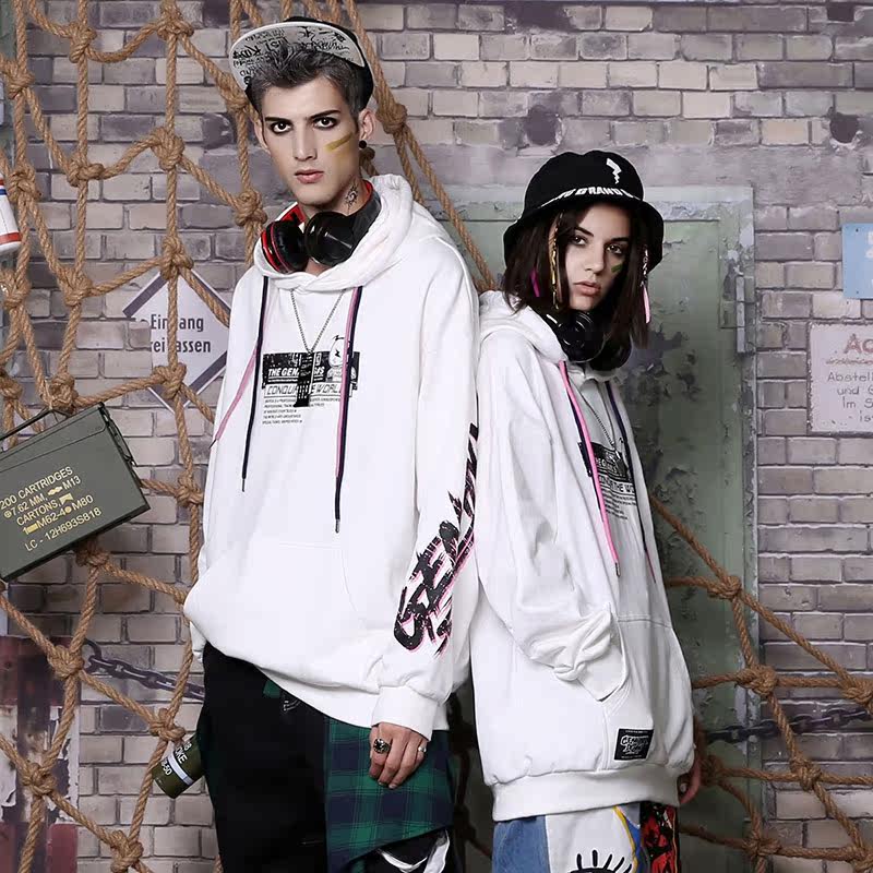 GENANX闪电潮牌白色情侣连帽帽衫美式高街卫衣男女款春秋新款上衣