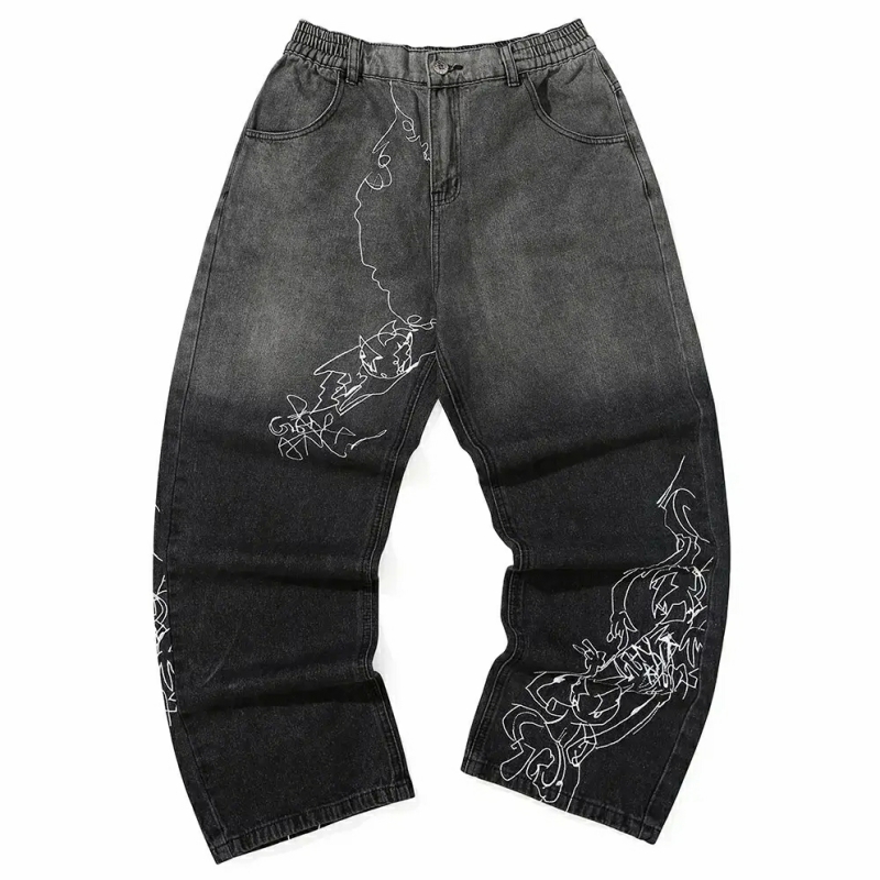 GENANX闪电潮牌2025春季新款阔腿牛仔裤黑灰色裤子直筒宽松牛仔裤