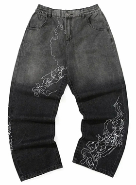 GENANX闪电潮牌2025春季新款阔腿牛仔裤黑灰色裤子直筒宽松牛仔裤