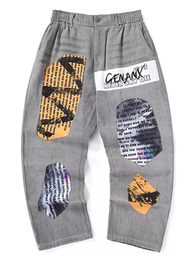 GENANX潮牌休闲长裤嘻哈潮流原创设计贴布设计灰色直筒牛仔裤男