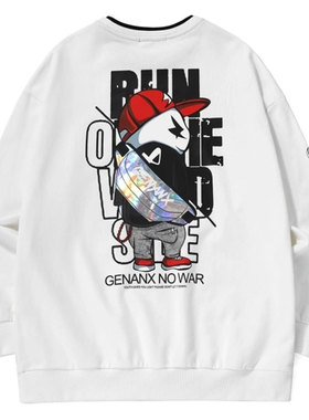 GENANX闪电潮牌新款卫衣宽松百搭黑白色嘻哈圆领套头纯棉情侣卫衣